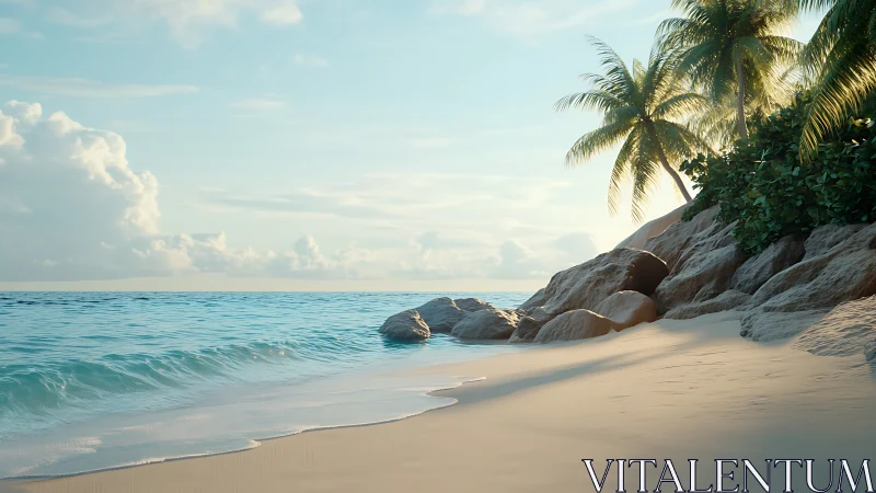 Tropical Paradise Beach With Granite Rocks and Palms