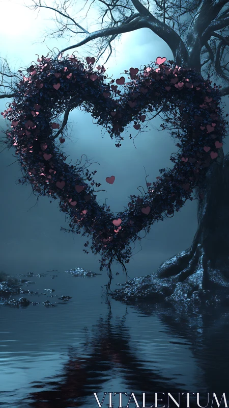Heart-shaped Tree Formation with Floral Elements Over Water