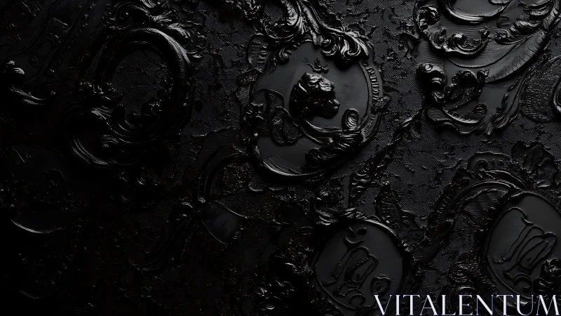 Ornate black emblems quietly glimmer with baroque mystery.