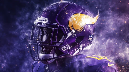 Cosmic gridiron warrior in purple nebula armor roars silently.