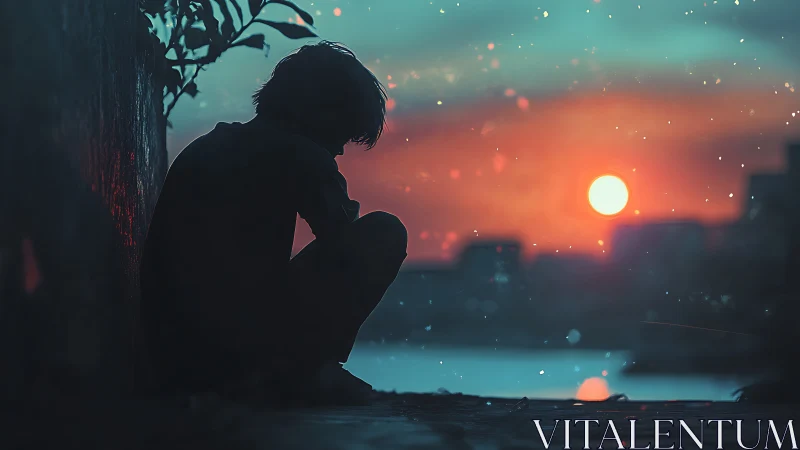 Digital painting silhouette study at dusk waterfront wall.