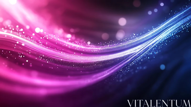 Abstract neon light wave with sparkling particles, digital art style.