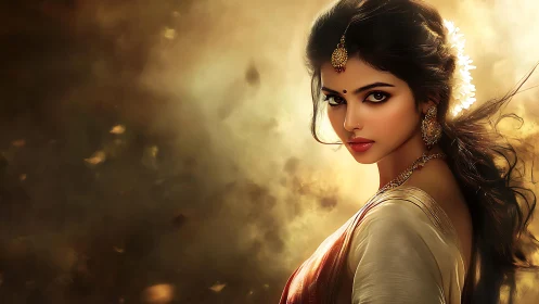 Golden dusk portrait of a graceful woman in silk and light.
