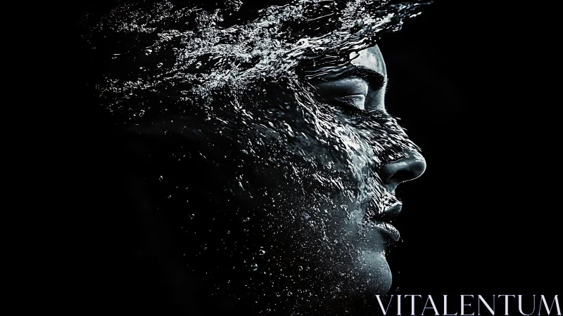 Side-profile female portrait dissolving into turbulent water