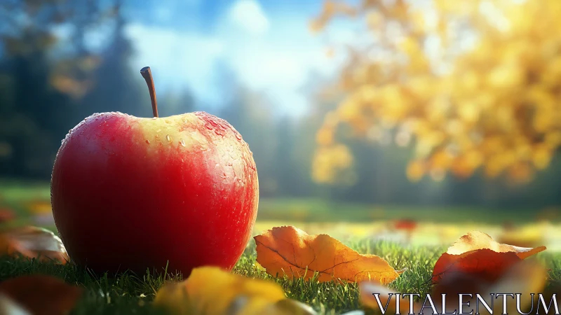 Sunlit dew-covered red apple rendered with shallow depth of field