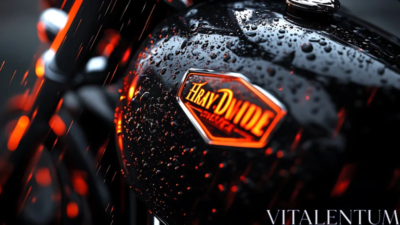 Rain-soaked black motorcycle tank with neon orange emblem glow.