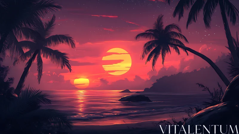Digital painting of dual suns over palm-framed neon shoreline.