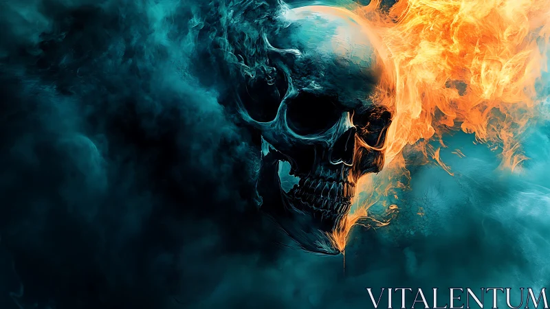 Incandescent flaming skull emerging through teal vapor clouds