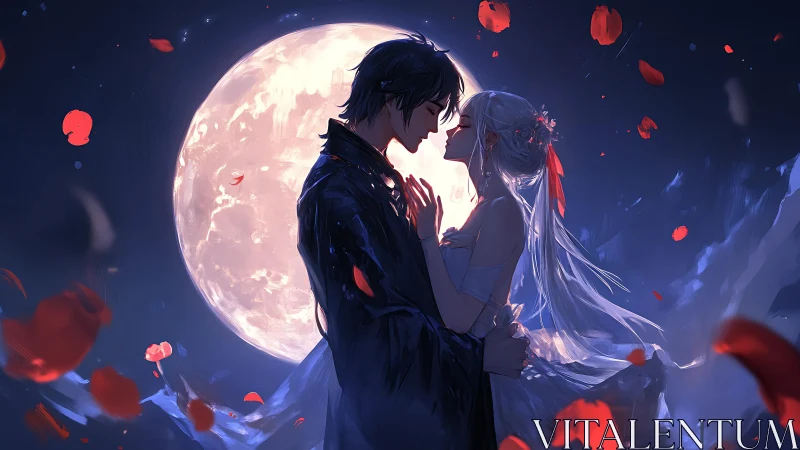 Lunar backlit anime couple in kiss pose with falling petals