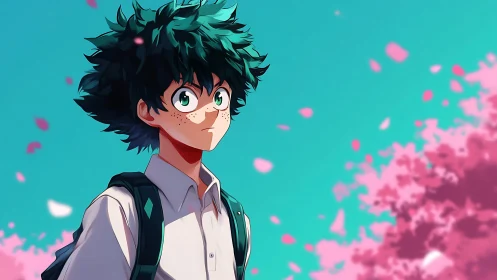 Student under cherry blossoms walks beneath bright spring sky