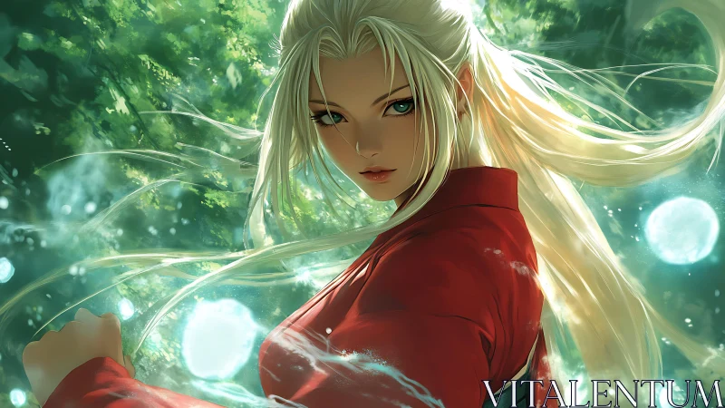 Dynamic anime heroine amid luminous forest energy orbs