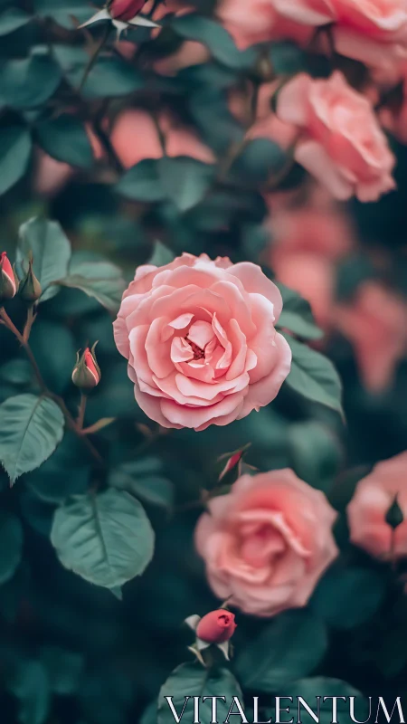 Pink roses with buds among green foliage in selective focus.
