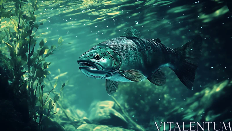 Silver trout glides through teal-lit underwater forest quietly