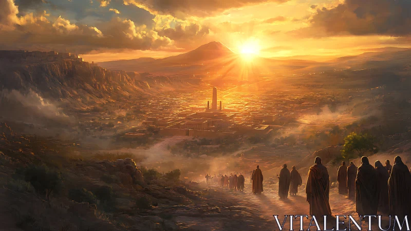 Pilgrims descend toward a sunlit valley of ancient promise.