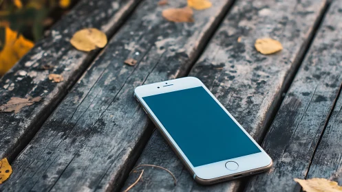 Phone Resting on Weathered Boards Amid Autumn.