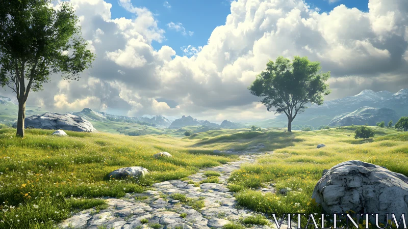 Sunlit stone path meanders through tranquil green valley.