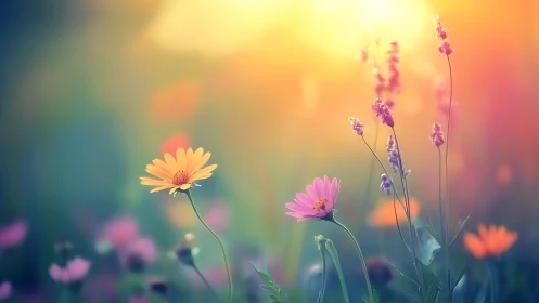 Dreamy Wildflower Meadow in Golden Hour Haze.