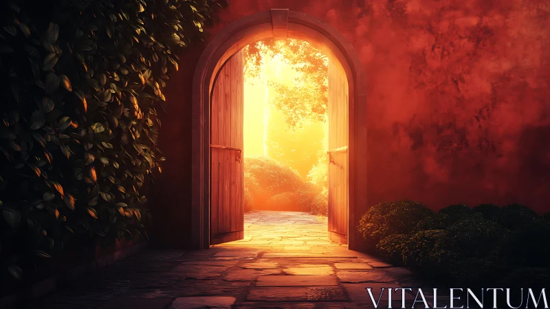 Sunlit garden doorway opens onto a glowing secret path.