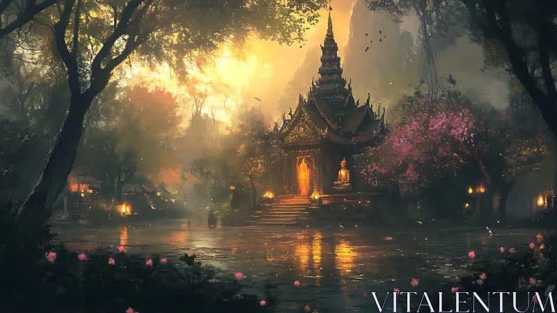 Luminous forest temple reflection with meditative Buddha iconography.