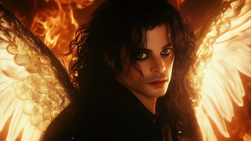 Seraphic figure with flaming wings rendered in cinematic light