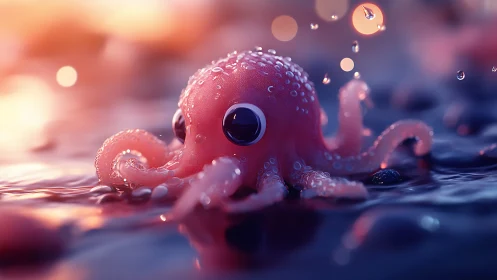 Pink stylized octopus on reflective water surface at dusk.