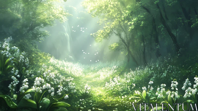 Enchanted Forest Glade with White Flowers and Divine Light
