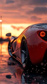 Supercar rear profile in wet reflective sunset lighting.