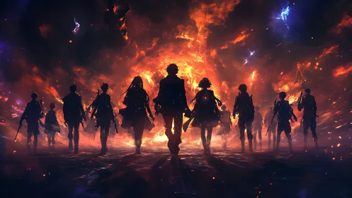 Silhouetted figures before fiery cosmic vortex background.