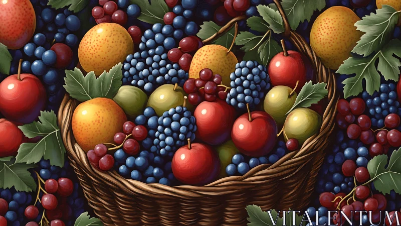 Digital still life basket unifies glossy fruit with dense foliage