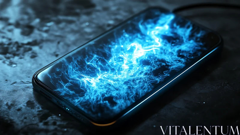 Smartphone on dark surface with blue energy display effect.