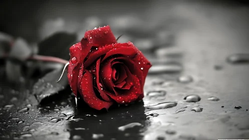Rain-kissed crimson rose lingers on a silvered pavement