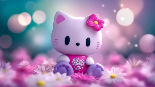 Blossom-bright kitty idol resting in dreamy pastel meadow.