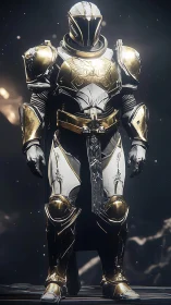 Gilded sci fi paladin in ornate white gold power armor.