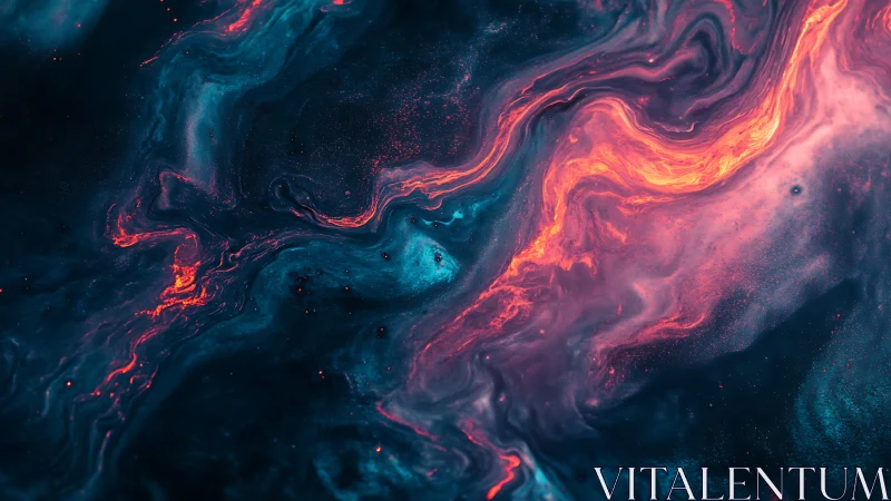 Cosmic magma currents flow through neon teal void.