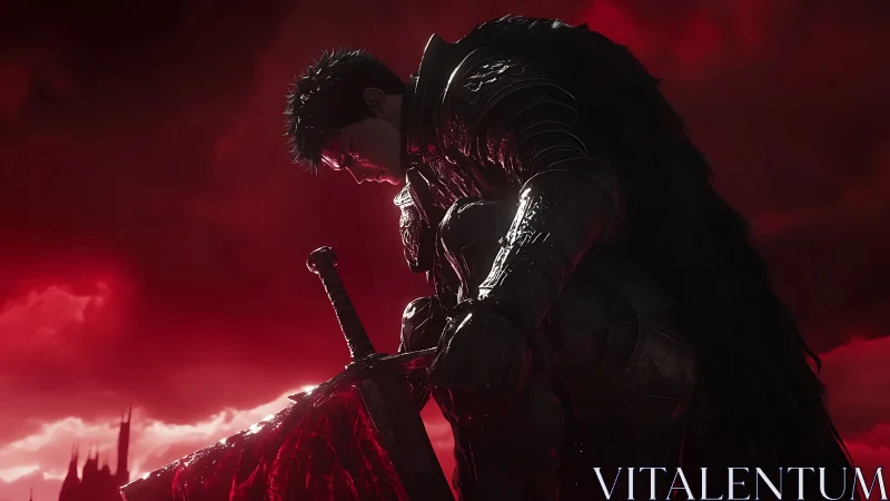 Brooding dark knight kneels over bloodied sword at dusk