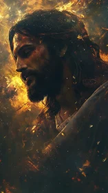 Gentle bearded figure glows softly amid golden swirling light