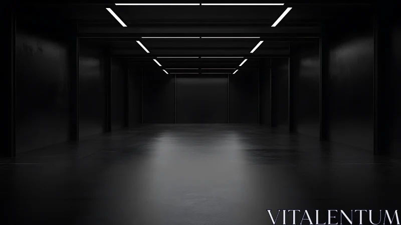 Ceiling lights carve precise white paths through endless black
