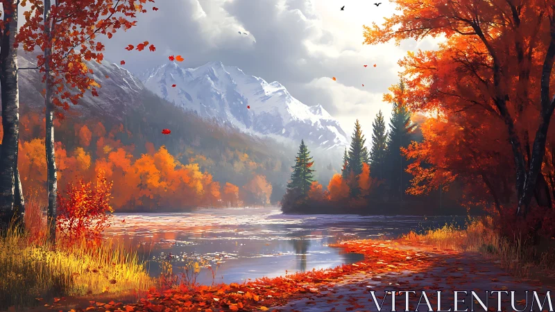 Autumnal riparian corridor beneath snowloaded alpine massif.