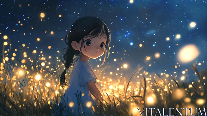 Young girl in glowing field under starry night sky.