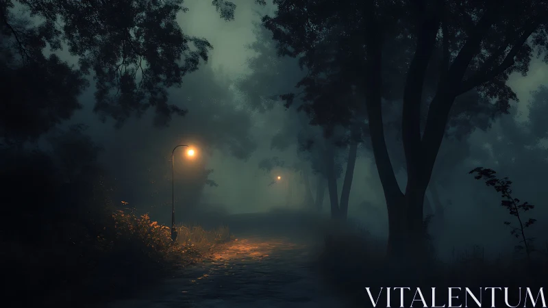 Misty forest walkway lit by moody streetlamps at night.