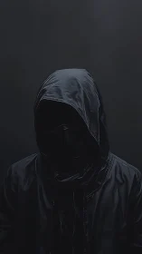 Hooded figure in dark jacket against low light backdrop.