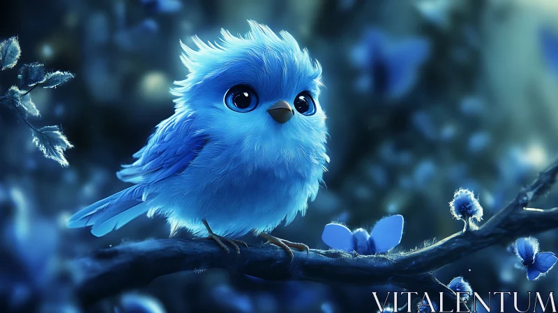 Fluffy Blue Cartoon Bird on Branch in Dreamy Nighttime Forest.