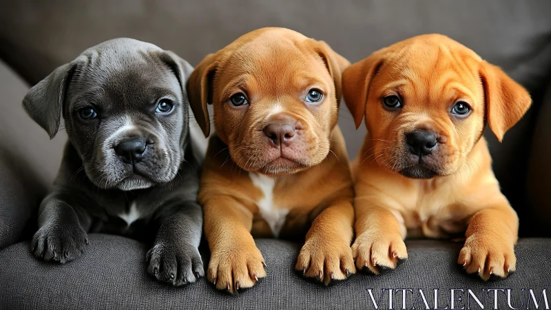 Three young puppies rest closely together on a sofa
