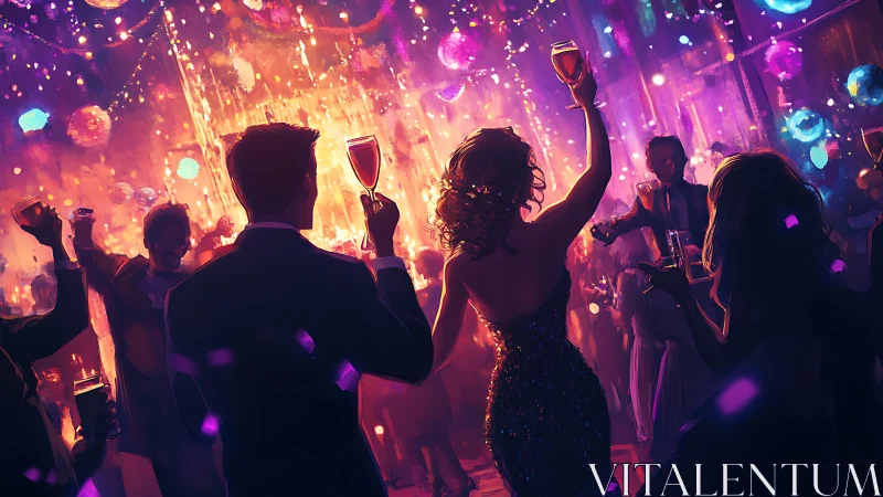 Elegant crowd raising glasses at vibrant night party scene.
