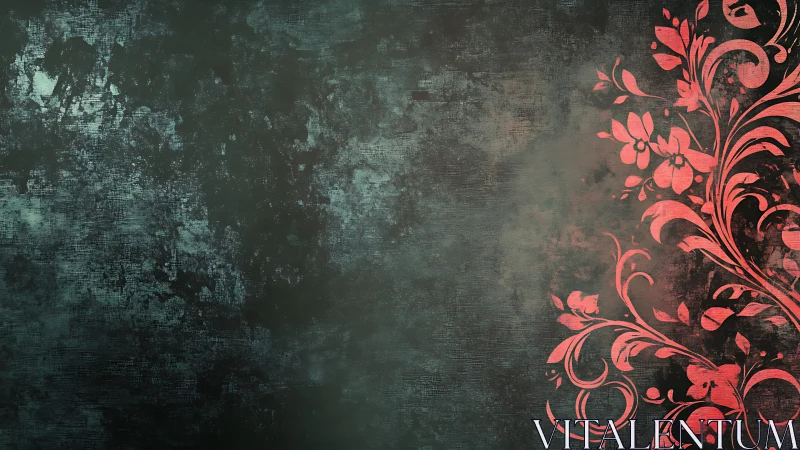 Red floral ornament climbs over dark grunge wall