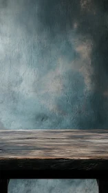 Textured wooden tabletop against mottled teal plaster wall.