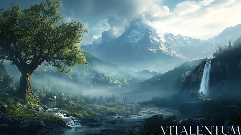 Mountain valley with river, waterfall and solitary tree.