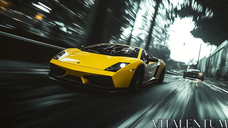 Yellow supercar slices wet city street in motion blur.