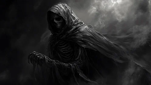 Hooded skeletal wraith emerges from swirling shadowed mist