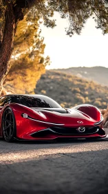 Red Mazda concept supercar glows under warm sunset light.